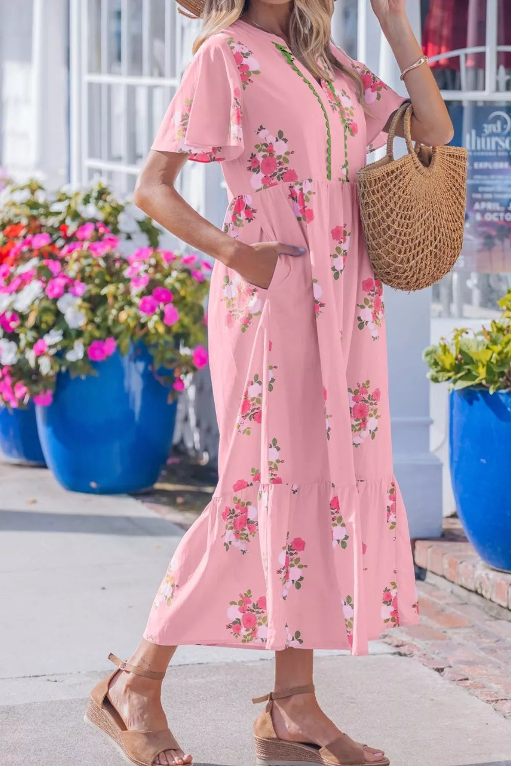 Pink Floral Notched Neck Flutter Sleeve Tiered Midi Dress