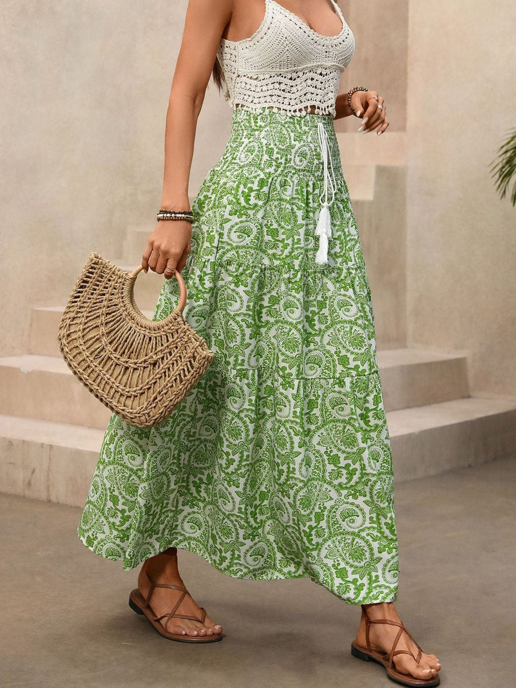 Women's Flowy Green & White Paisley Print Smocked Maxi Skirt