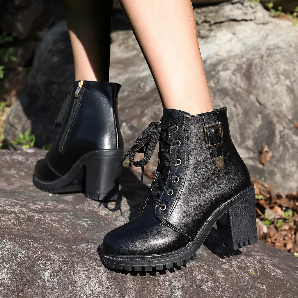 Women's Lace Up Block Heel Boots in Brown Faux Leather