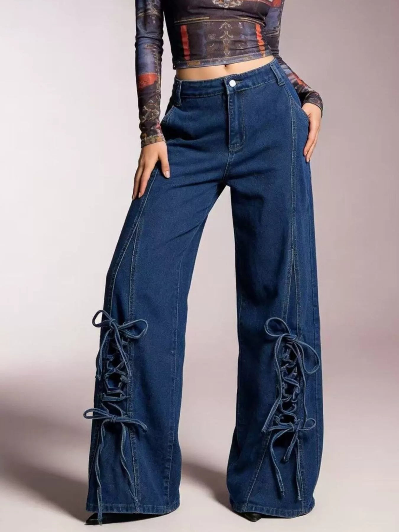 Women's Wide Leg Denim Jeans with Side Lace-Up Detail