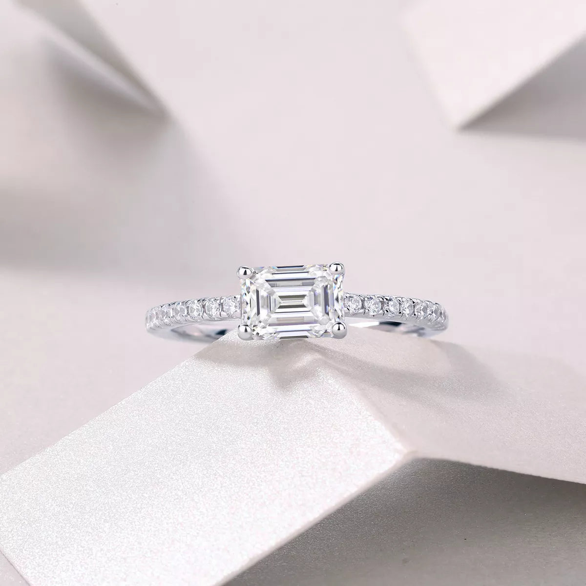 1 Carat Emerald Cut Moissanite Adjustable Sterling Silver Ring