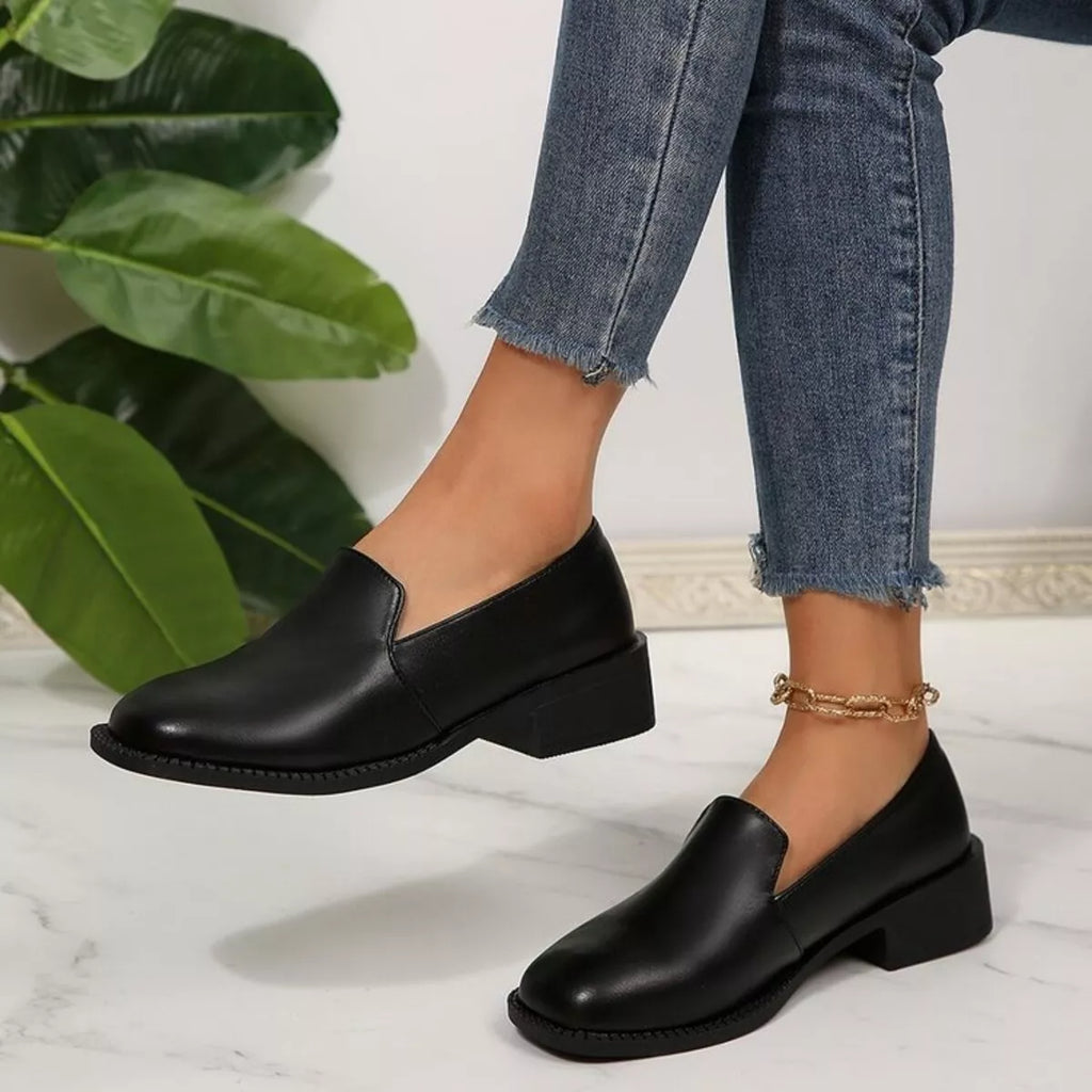 Women's Black Block Heel Loafers Round Toe Casual Dress Shoes