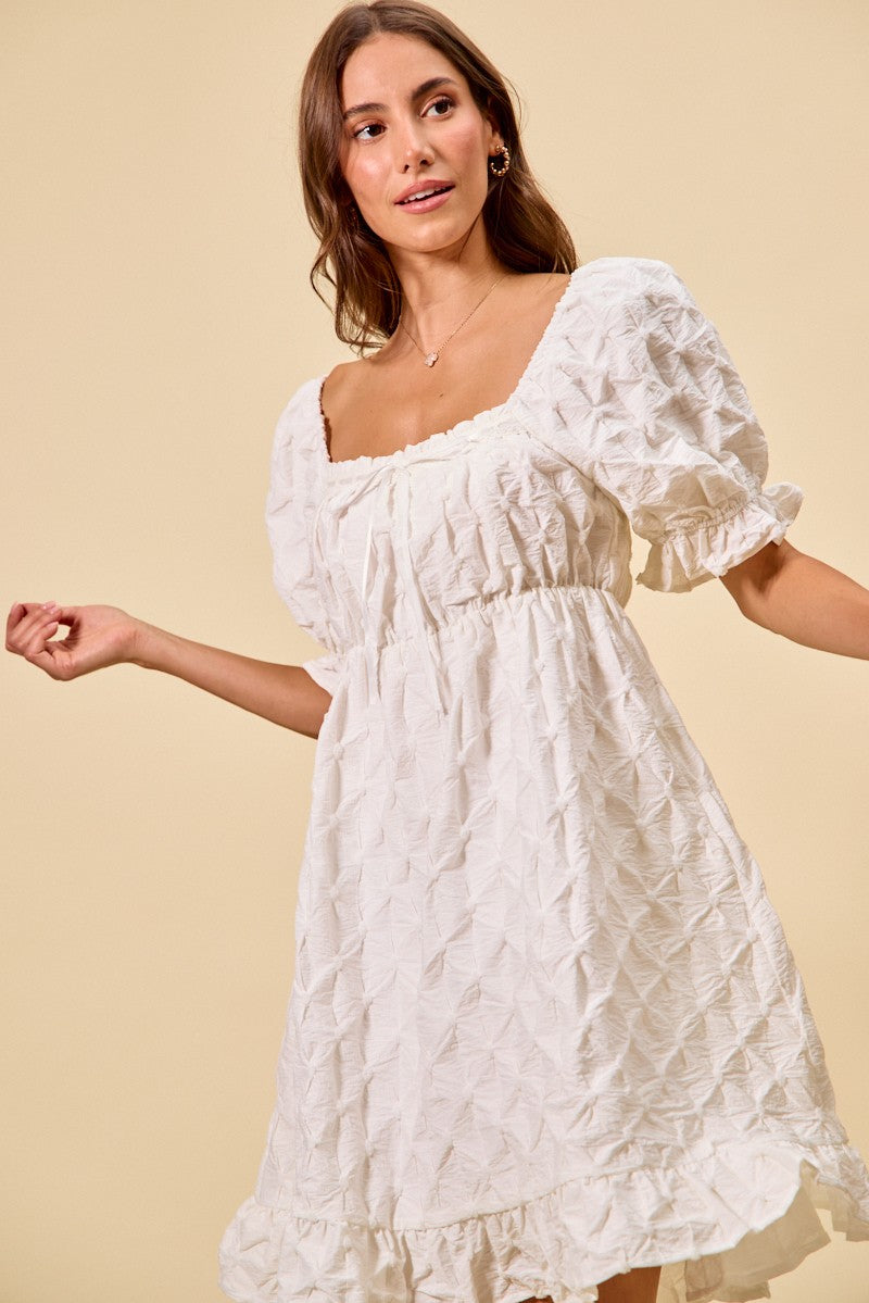 White Ruched Square Neck Mini Dress