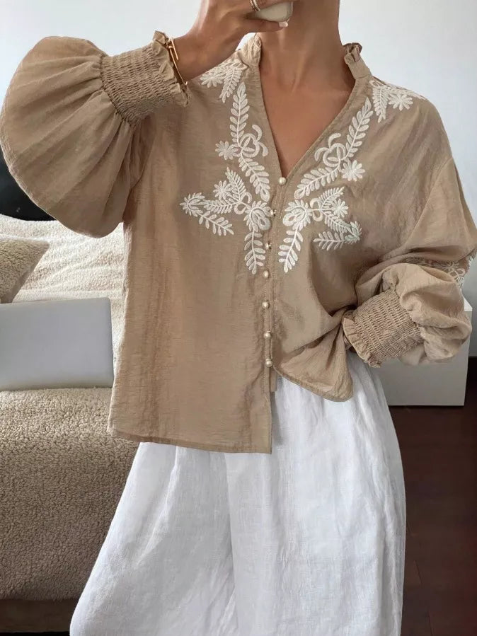 Women's Embroidered White Long Sleeve Notched Collar Blouse