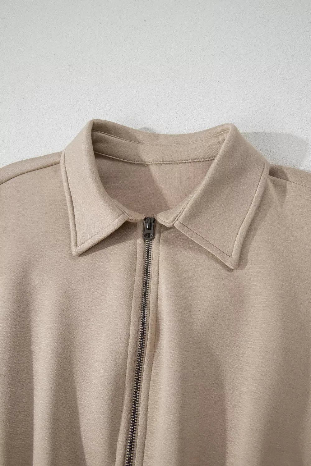 Solid Taupe Zip Front Short Sleeve Collared Jumpsuit
