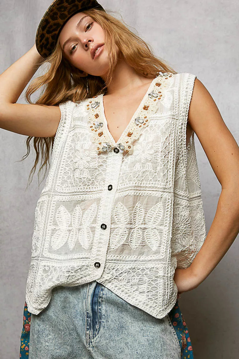 Embroidered Floral Crochet V-Neck Vest with Lace Trim