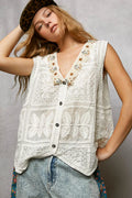 Embroidered Floral Crochet V-Neck Vest with Lace Trim