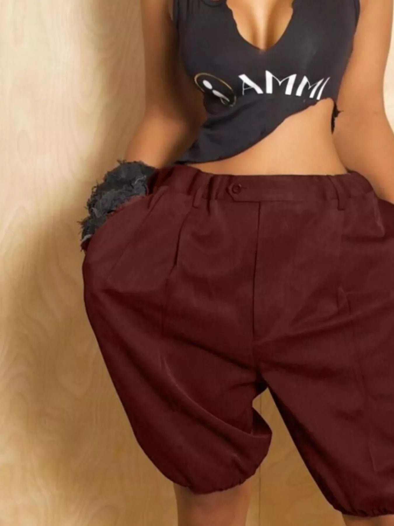 High Waist Pleated Khaki Shorts with Bubble Hem Detail