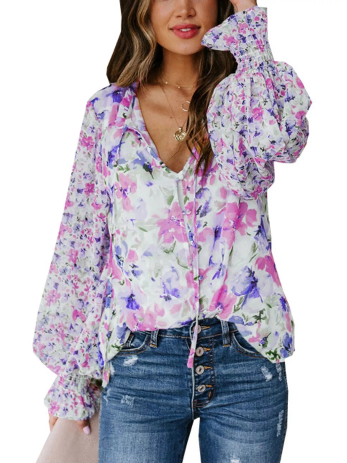 Full Size Floral Print Smocked Cuff Blouse Plus Size