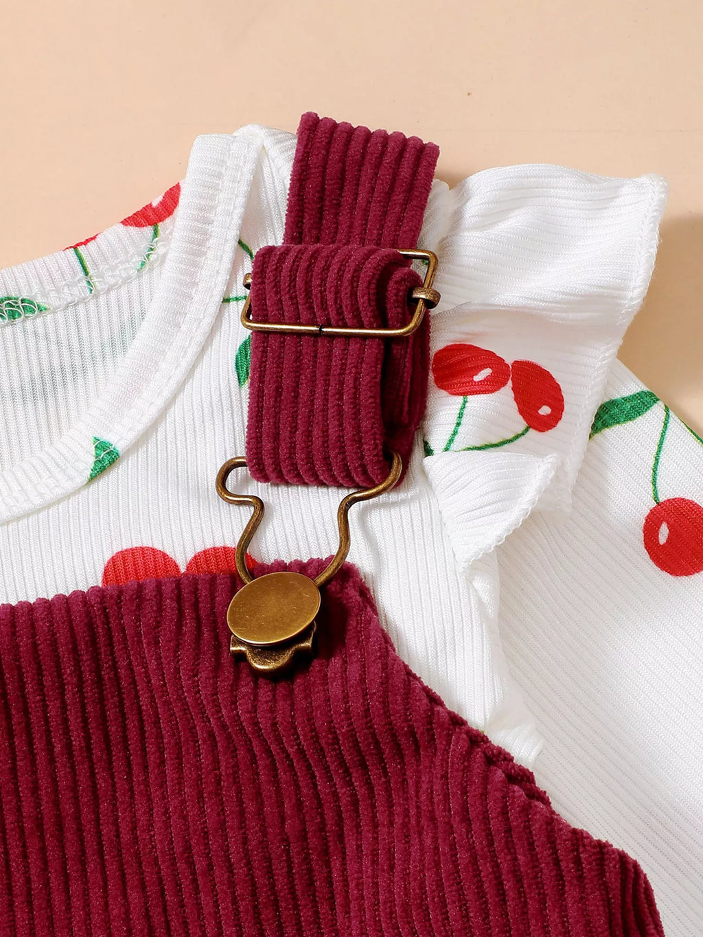 Wine Red Cherry Print Bodysuit & Corduroy Dress Set