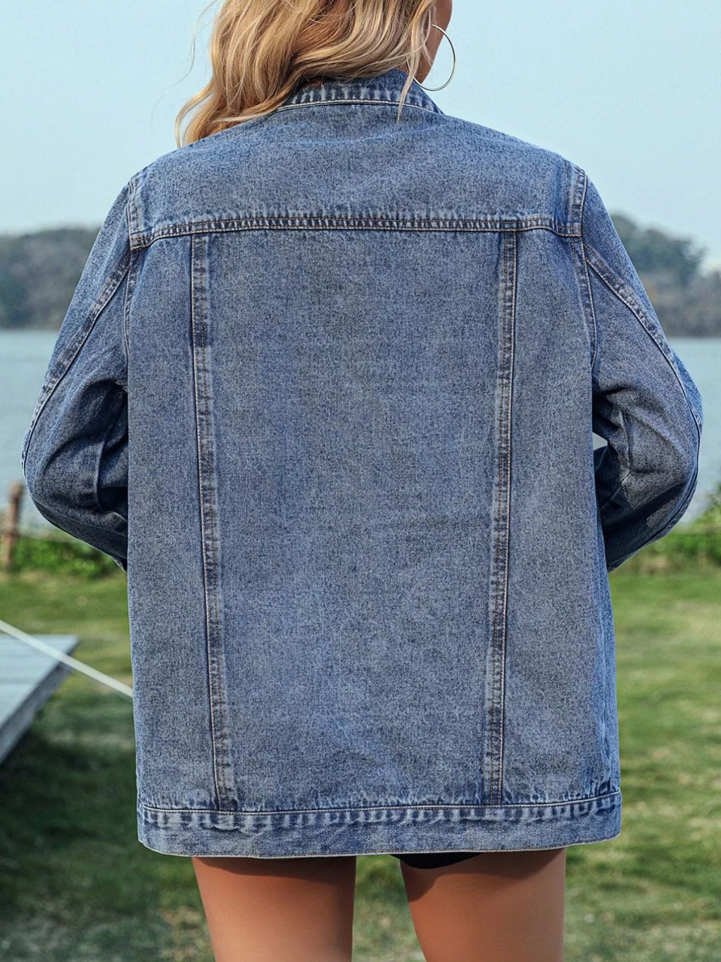 Blue Studded Button Up Denim Jacket with Fringe Detail