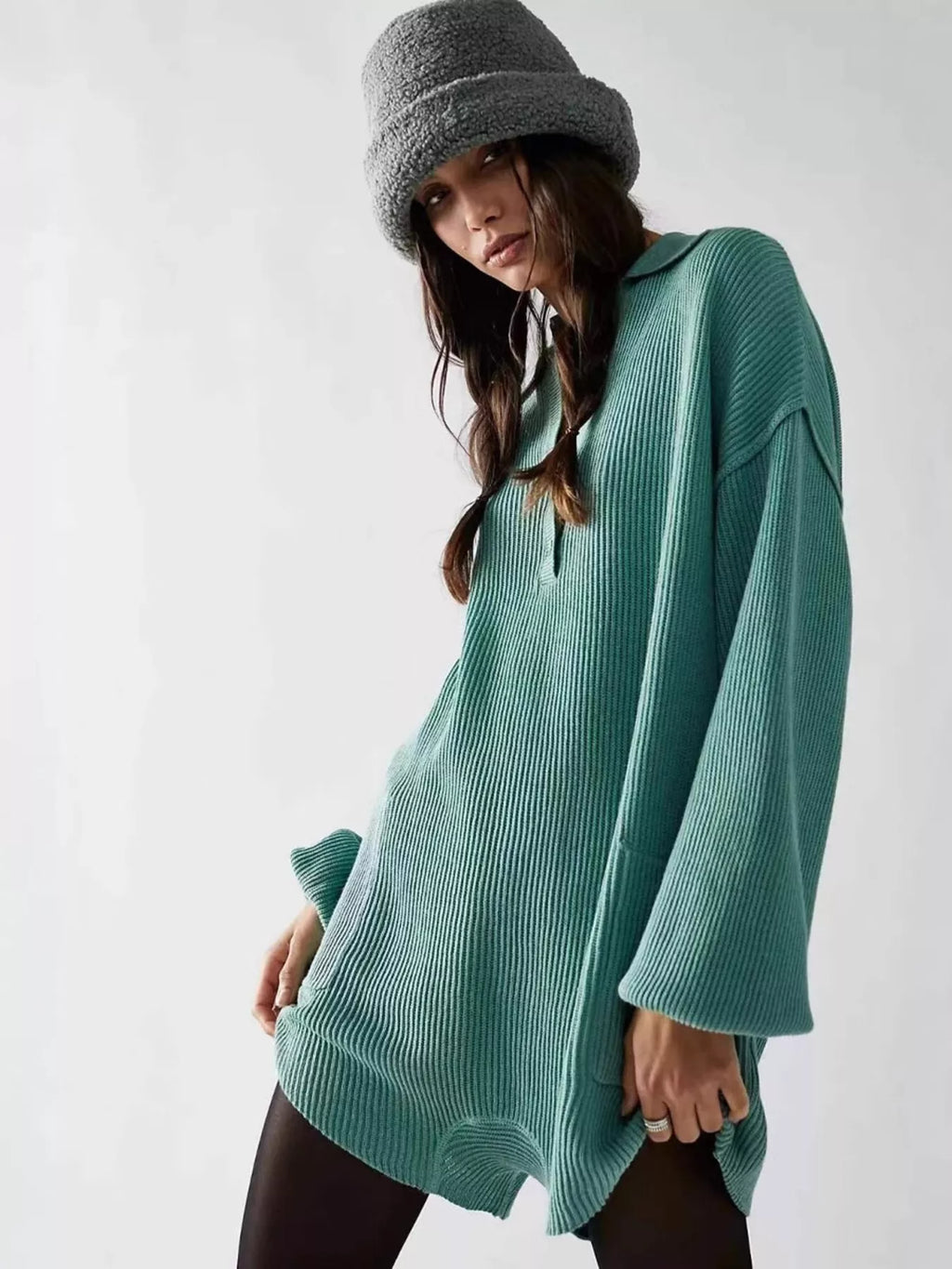 Women's Ribbed Knit Long Sleeve Romper with Pockets