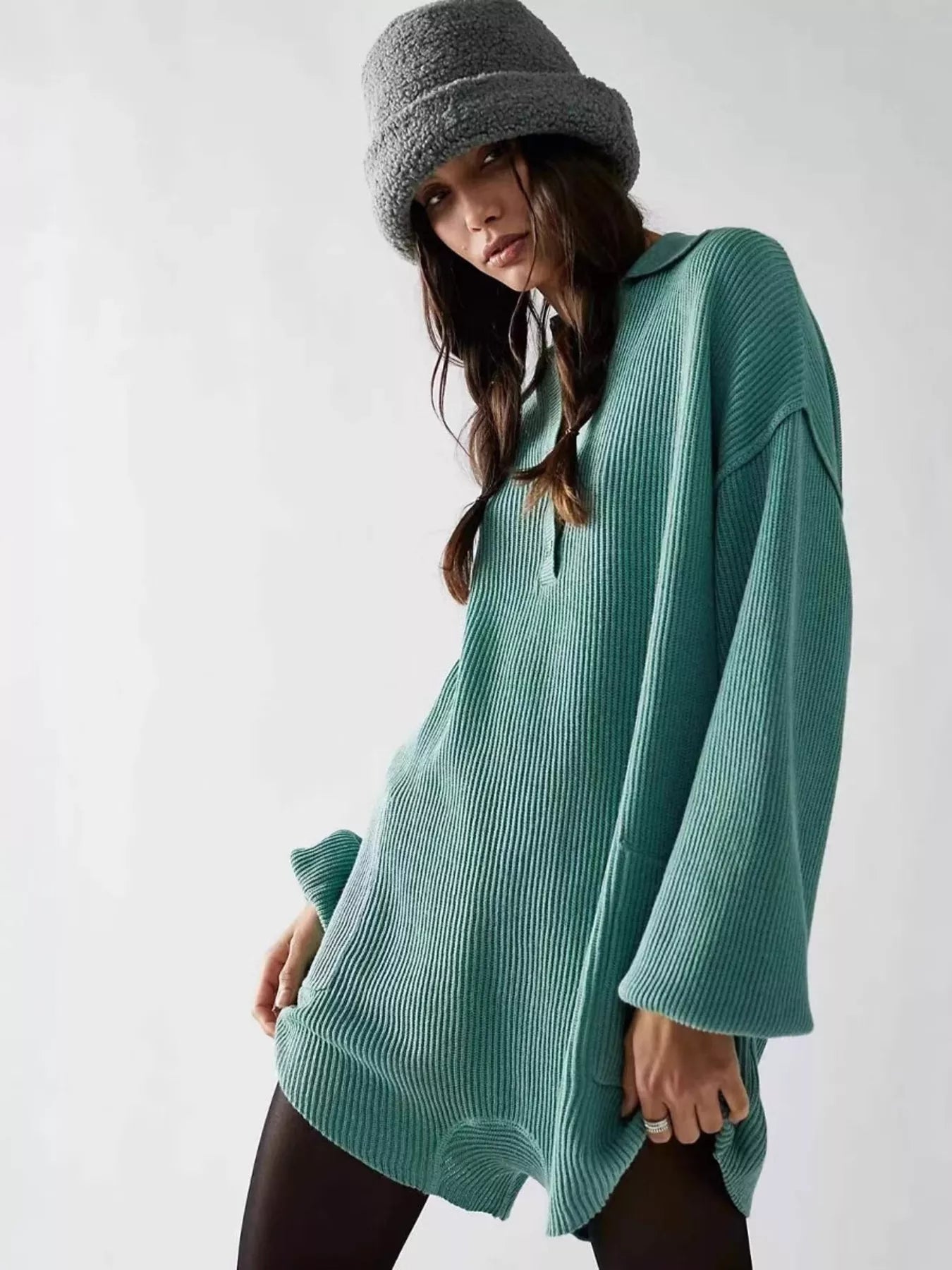 Women's Ribbed Knit Long Sleeve Romper with Pockets