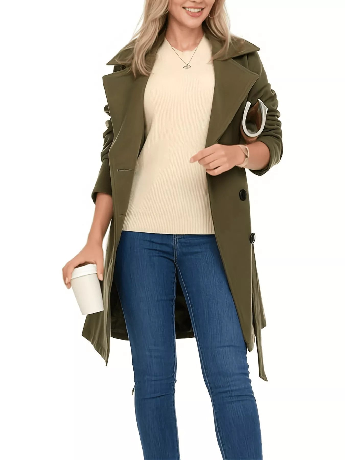Women's Olive Double Breasted Belted Coat with Long Sleeves