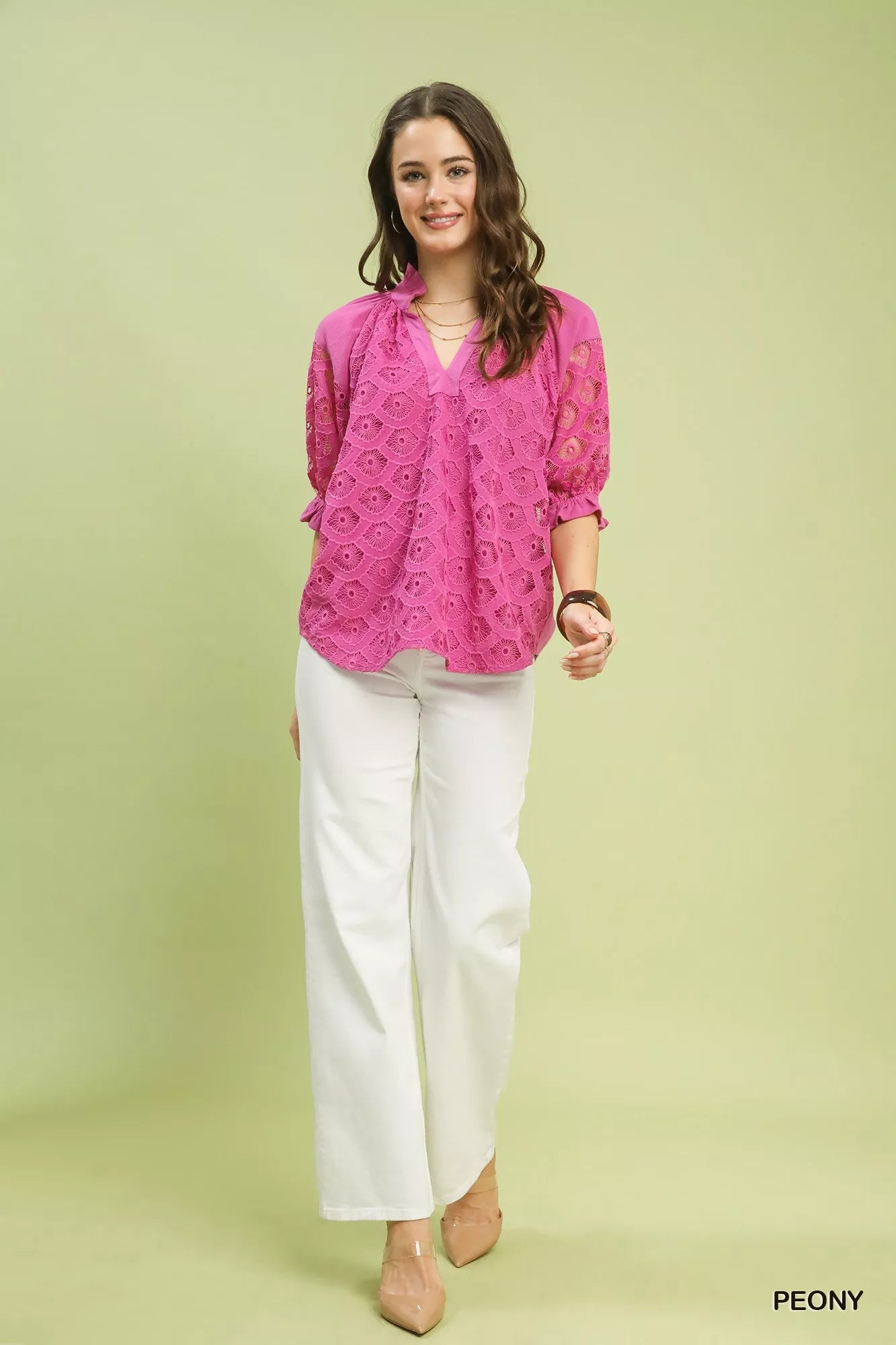 Peony V-Neck Lace Puff Sleeve Linen Blend Top