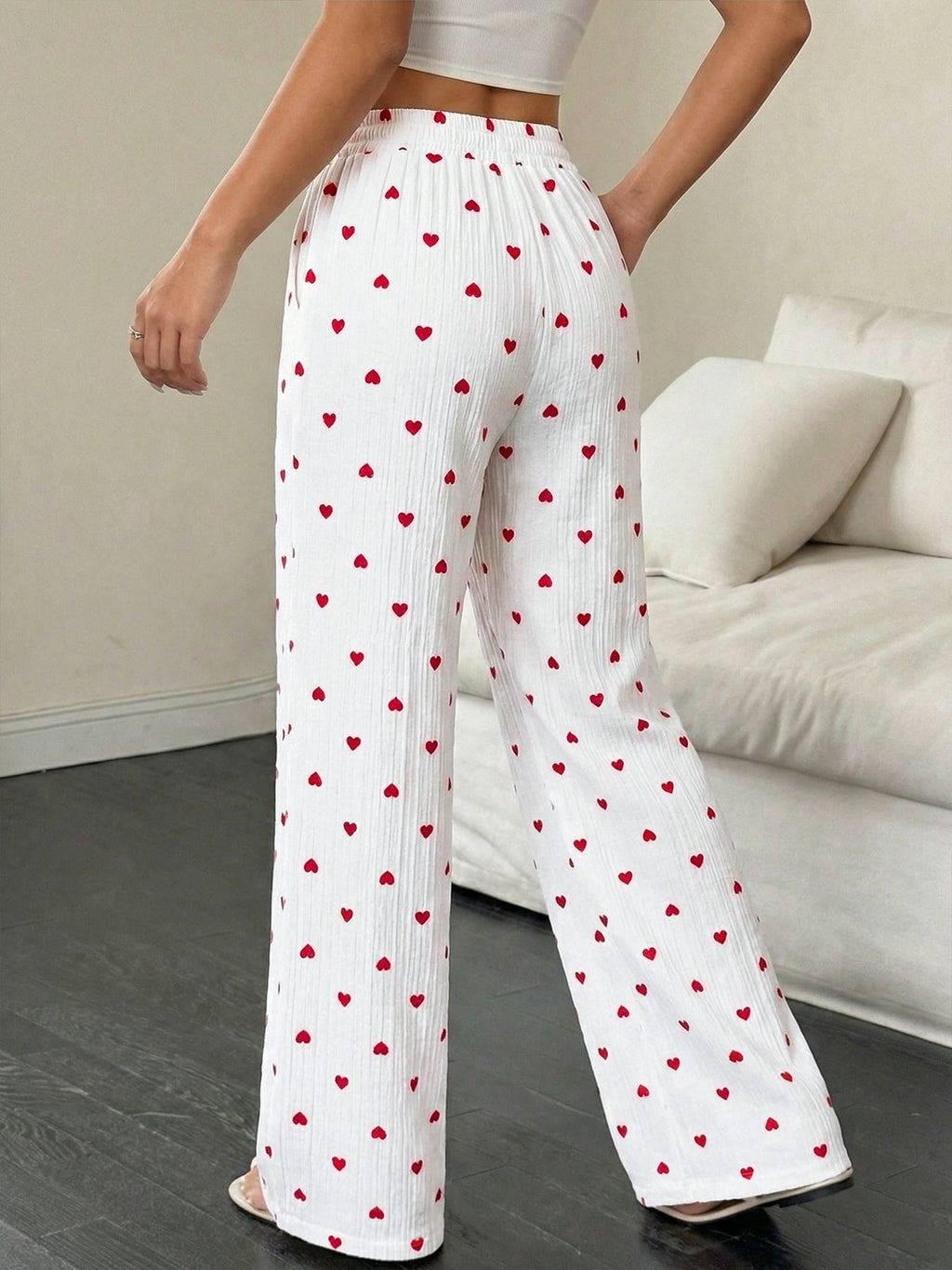 White Red Heart Print Drawstring Waist Wide Leg Lounge Pants