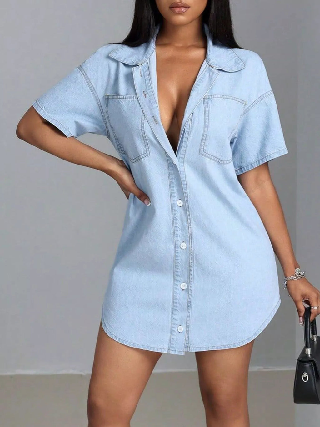 Light Wash Denim Button-Down Mini Shirt Dress with Pockets