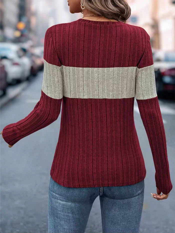 Women's Color Block Ribbed Knit Long Sleeve T-Shirt Maroon