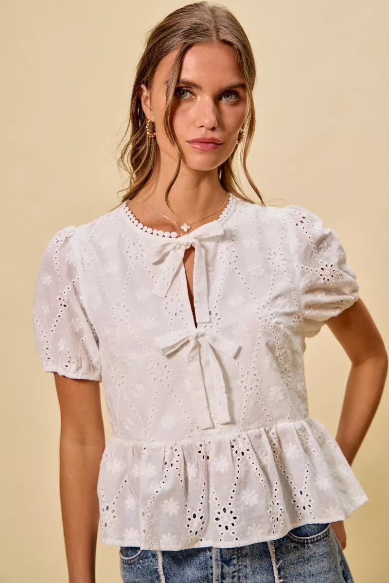 Women's Cotton Eyelet Blouse with Front Tie