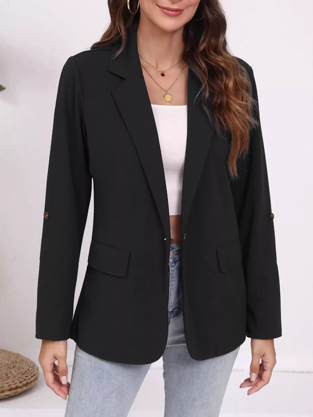 Women's Black Lapel Blazer with Striped Roll-Up Sleeves