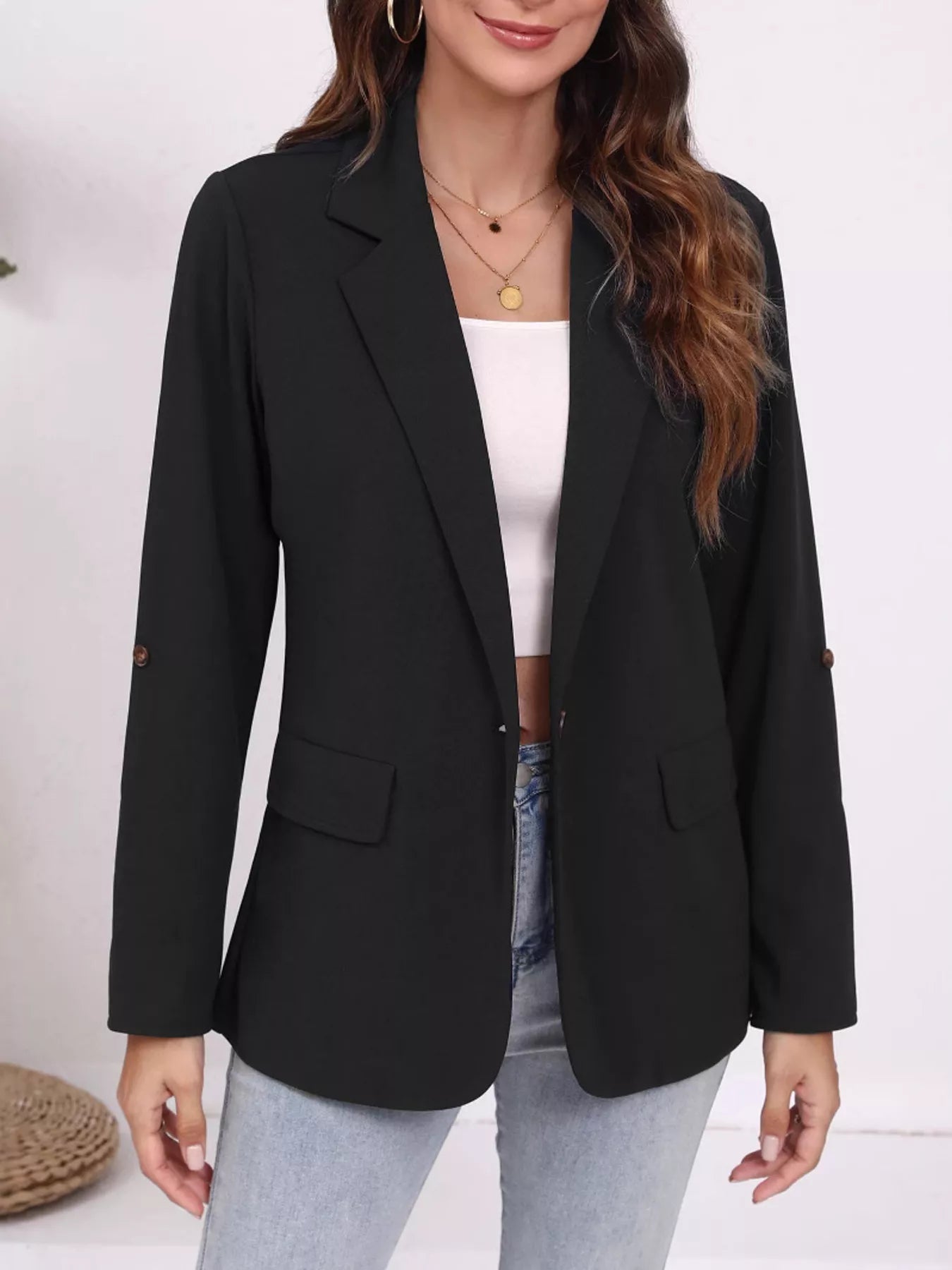 Women's Black Lapel Blazer with Striped Roll-Up Sleeves