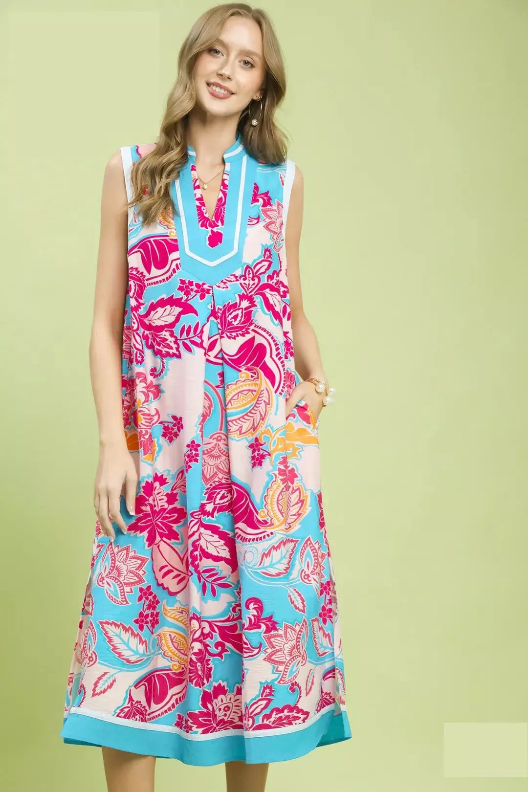 Floral Sleeveless Midi Dress with Pockets in Pink and Blue
