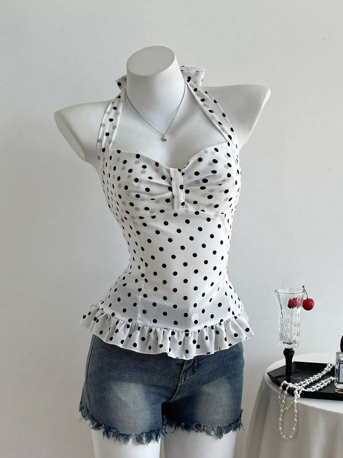 Polka Dot Halter Neck Cami Top with Ruffle Hem