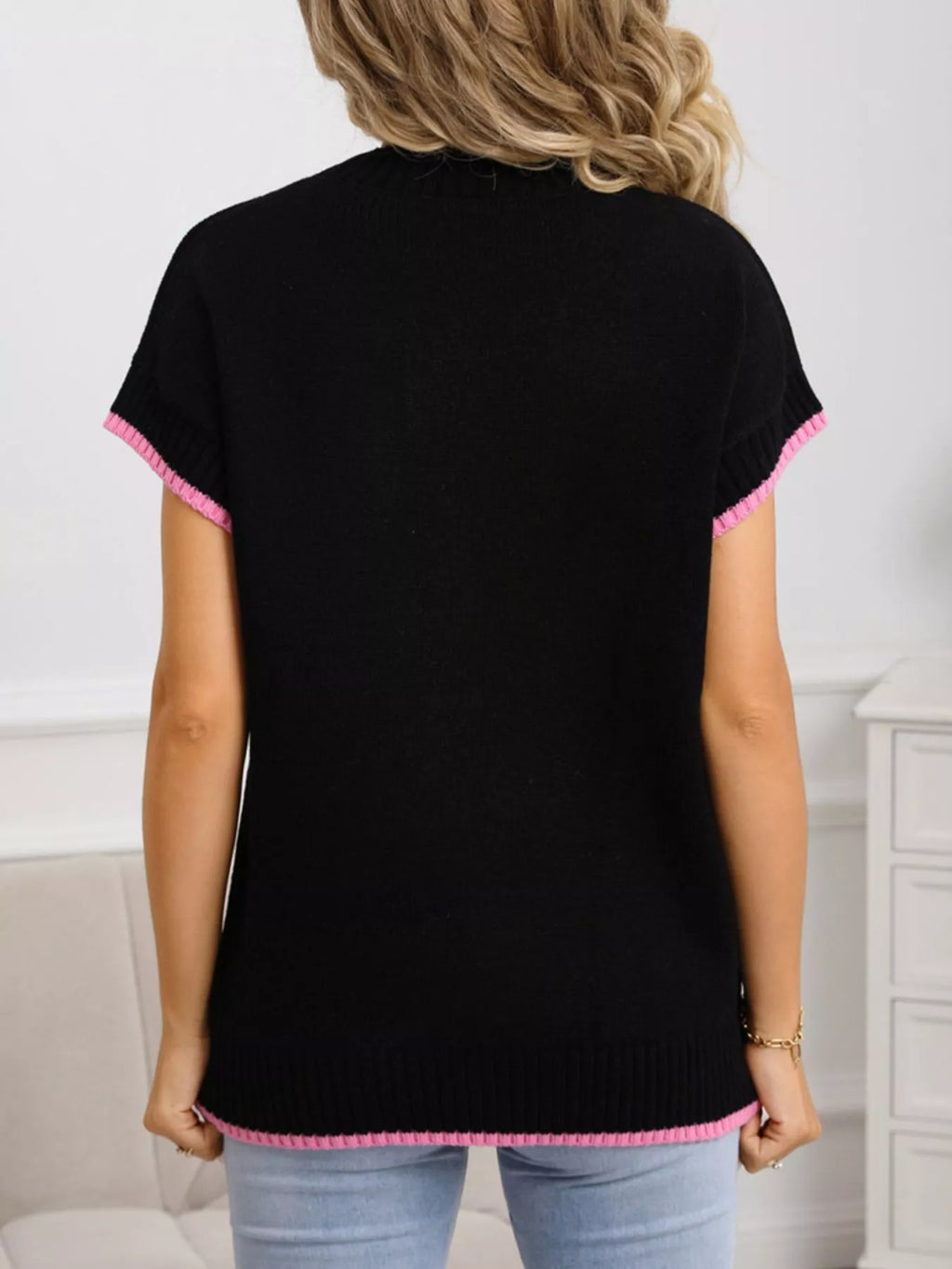 White Short Sleeve Knit Sweater with Red Heart Graphic