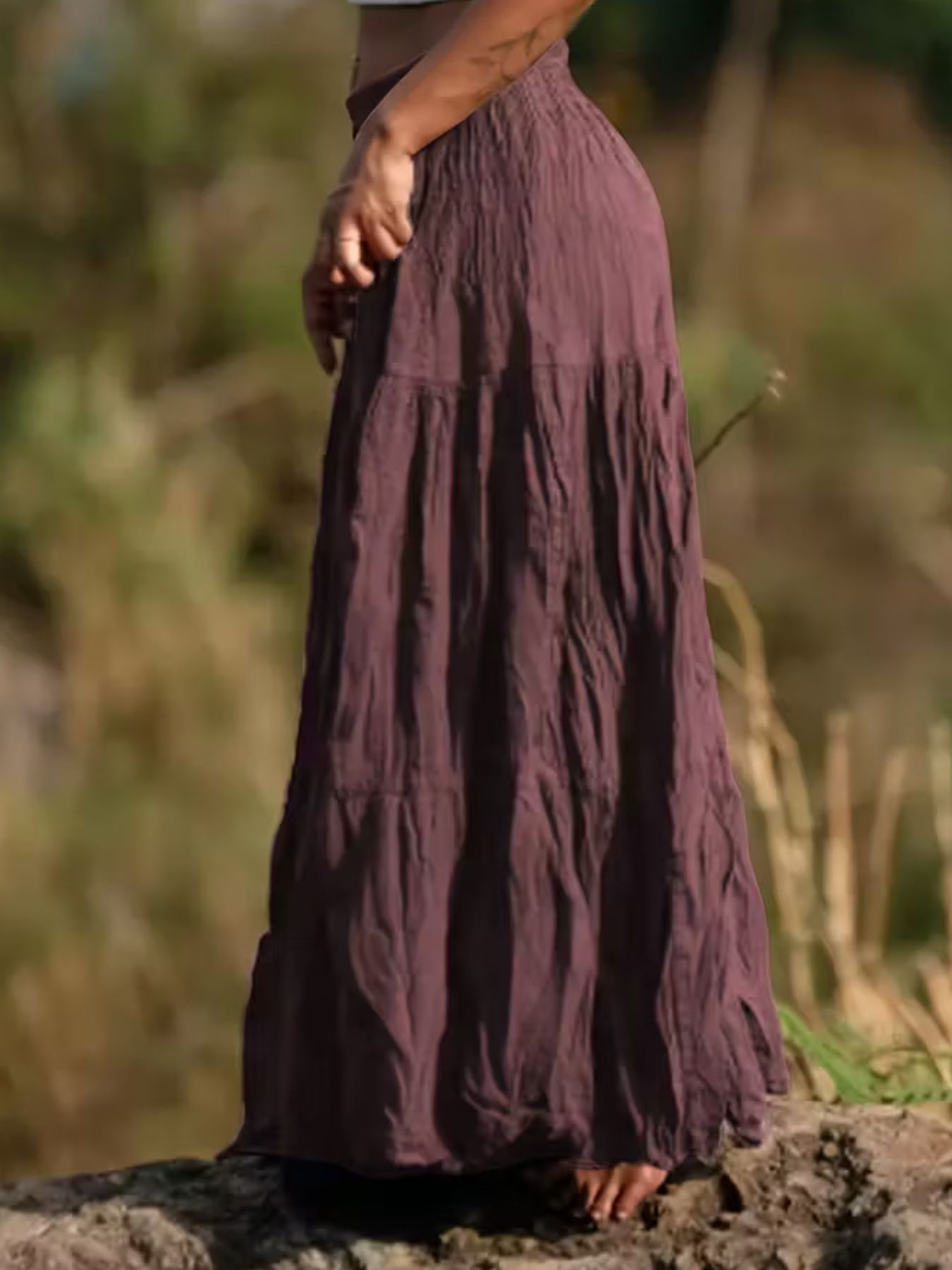 Women Ruched Tiered Maxi Skirt Bohemian Style Flowy Long Skirt