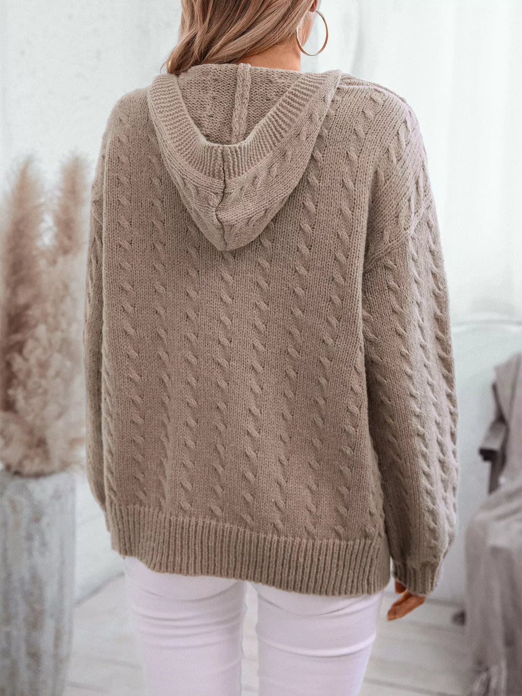 Women's Beige Cable Knit Open Front Cardigan with Hood