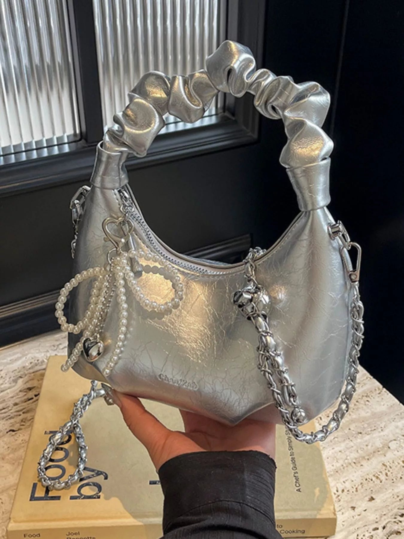 Silver Mini Ruched Handle Crossbody Bag with Pearl Bow Charm