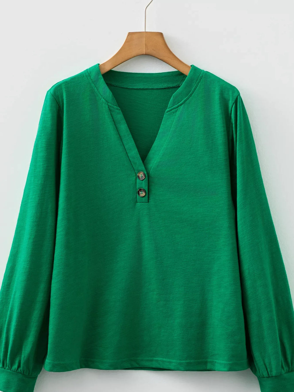 Women's Solid Green Long Sleeve Button Down V-Neck Pullover Top