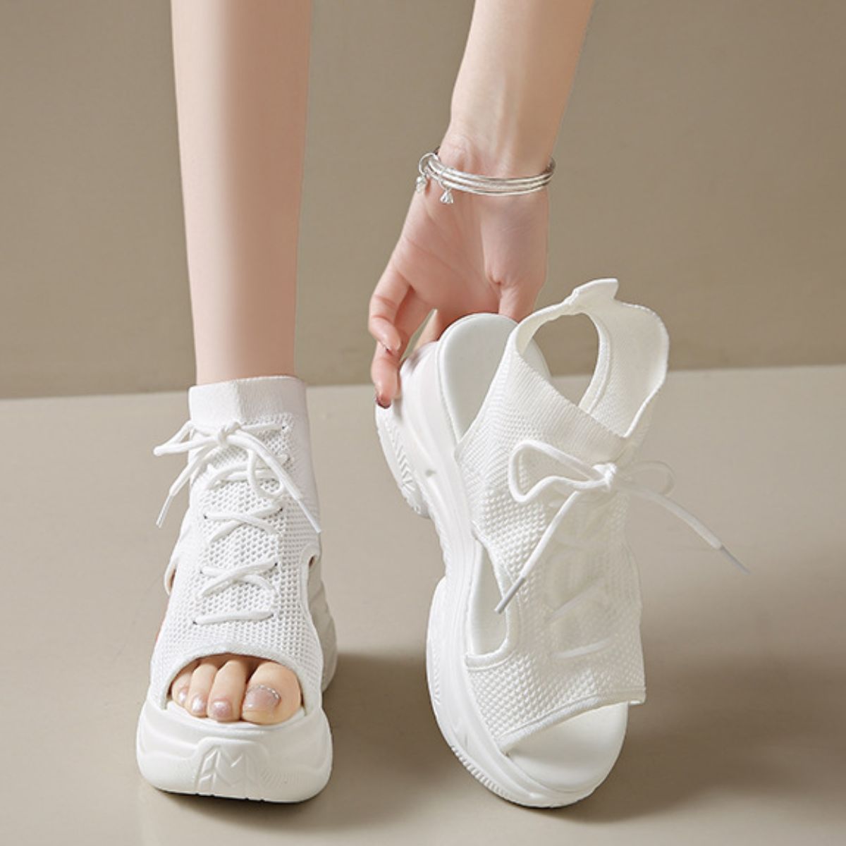Women's Cutout Mesh Wedge Sandals - White & Black