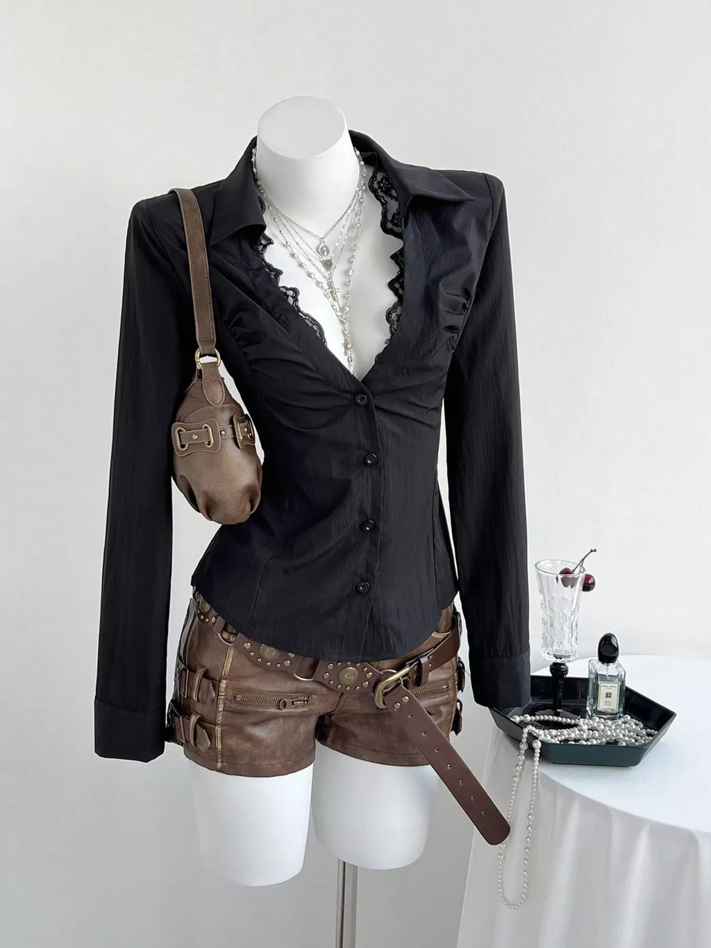 Black Lace Trim Ruched Slim Fit Button Down Shirt