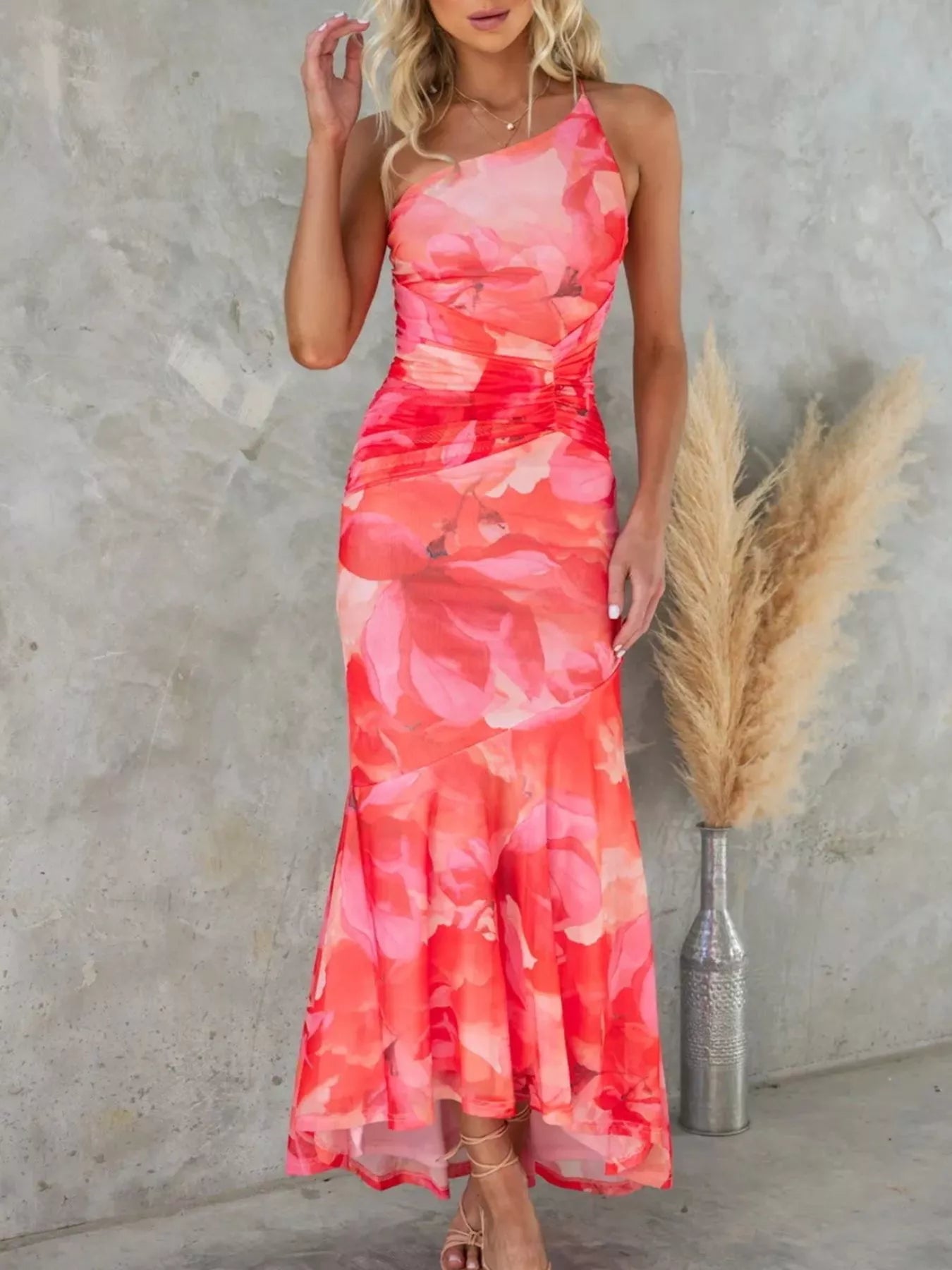 Floral Print One-Shoulder Ruched Maxi Dress in Purple