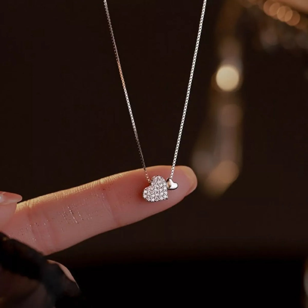 Silver-tone Double Heart Necklace with Zircon Stones
