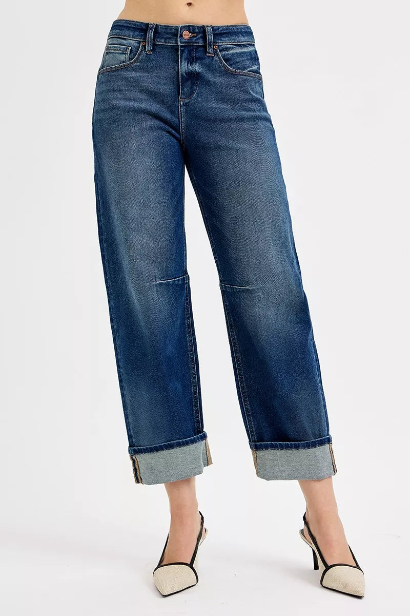 Women's Slouchy Crop Barrel Cuffed Mid-Rise Jeans