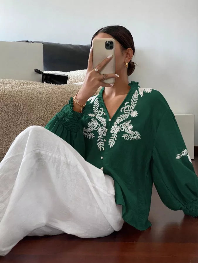 Women's Embroidered White Long Sleeve Notched Collar Blouse