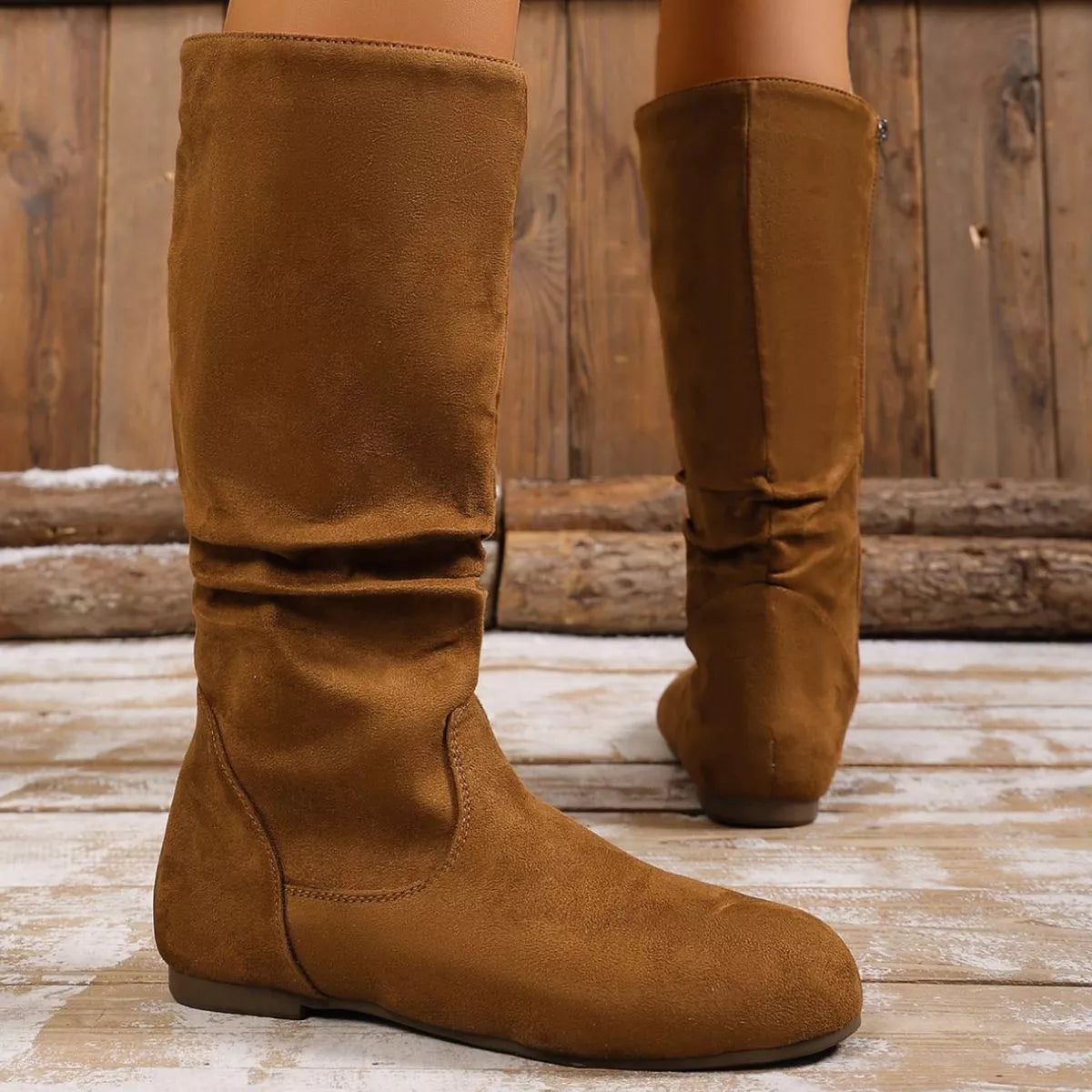 Women's Round Toe Side Zip Suede Mid-Calf Boots