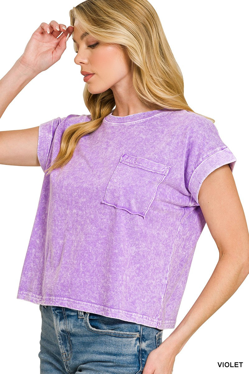 Violet Snow Washed Cotton Cuffed Short Sleeve Pocket T-Shirt