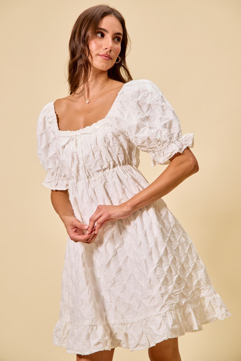 White Ruched Square Neck Mini Dress