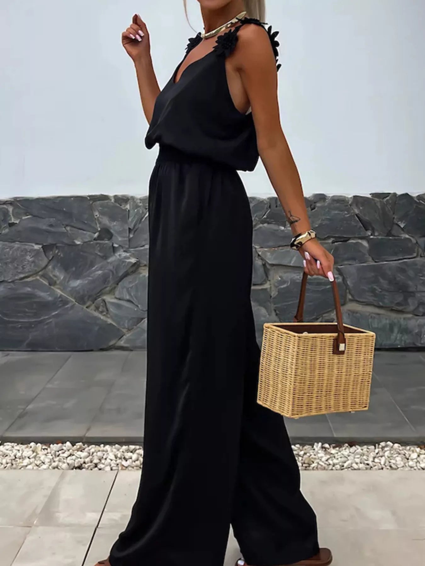 Red Floral Applique V-Neck Sleeveless Wide Leg Jumpsuit