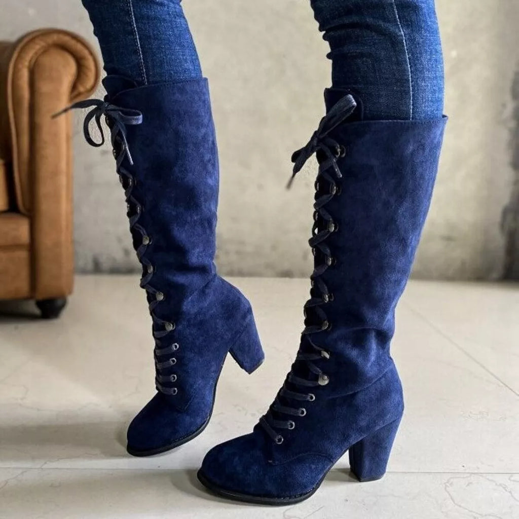 Women's Navy Suede Lace-Up Block Heel Boots
