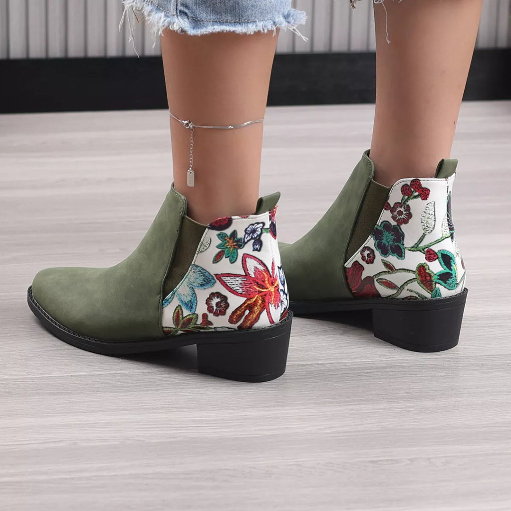 Women's Black Point Toe Mid Block Heel Ankle Boots