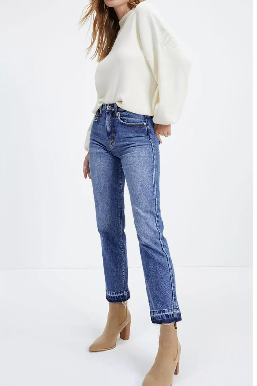 Women's Whiskered Wash Raw Hem Cropped Jeans in Medium Blue
