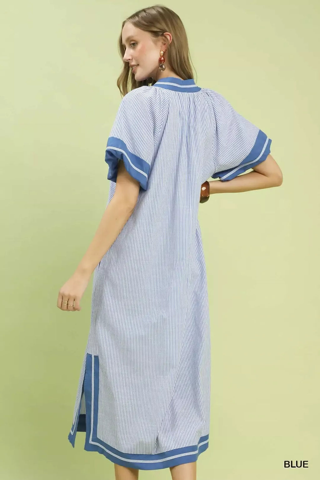 Blue Pinstripe Contrast Trim Midi Dress with Split V-Neck