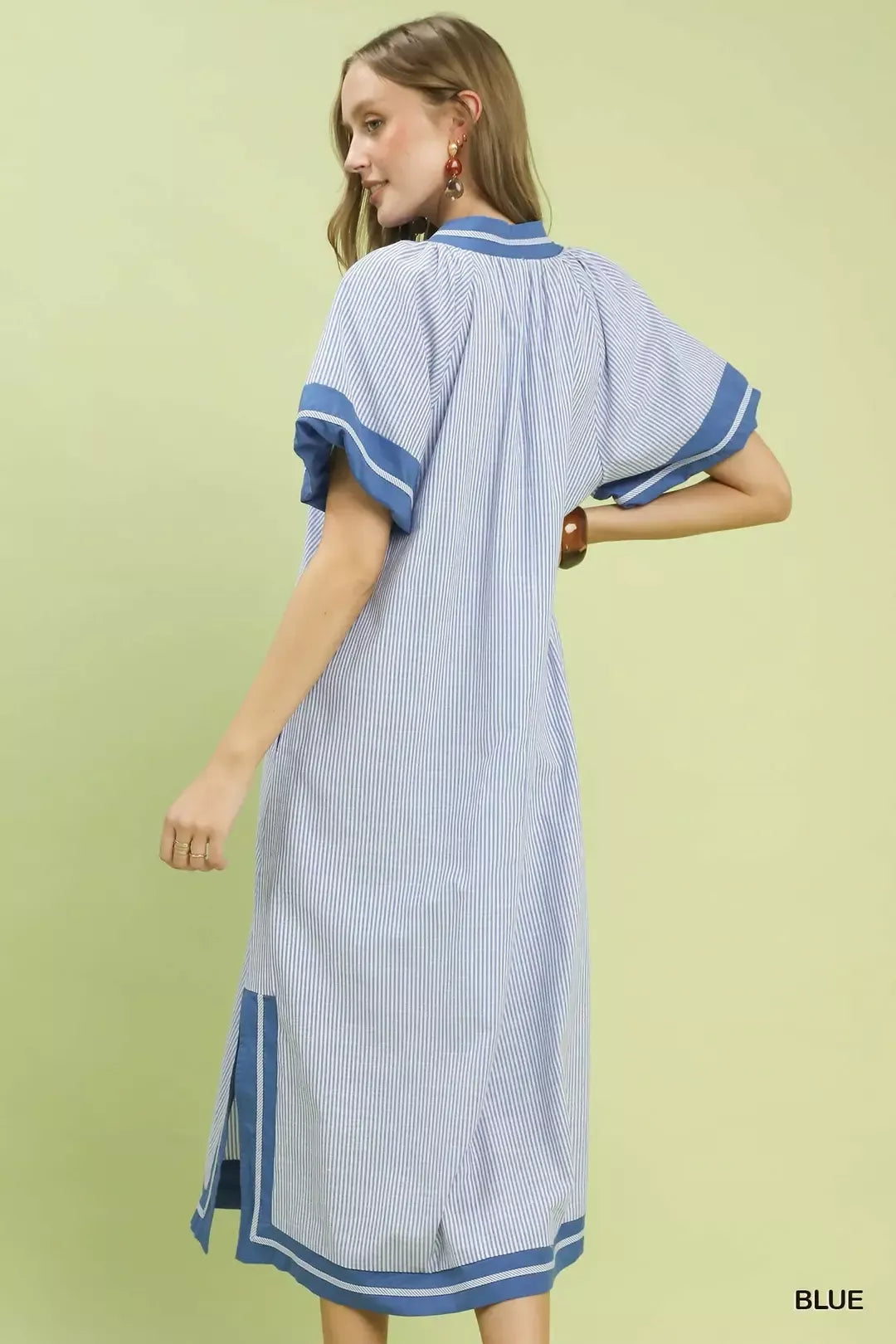 Blue Pinstripe Contrast Trim Midi Dress with Split V-Neck