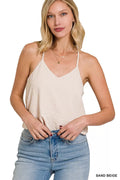 Woven Airflow Adjustable Strap V-Neck Cami in Sand Beige