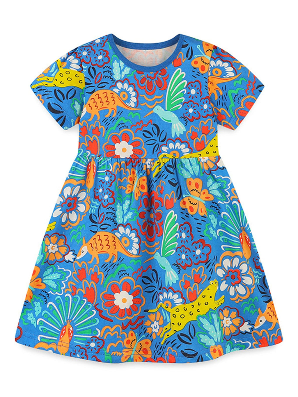 Girls Blue Short Sleeve Dress with Fun Animal and Floral Print