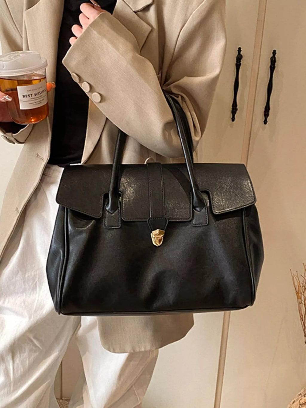 Large Black PU Leather Satchel Bag with Gold Tone Buckle Detail